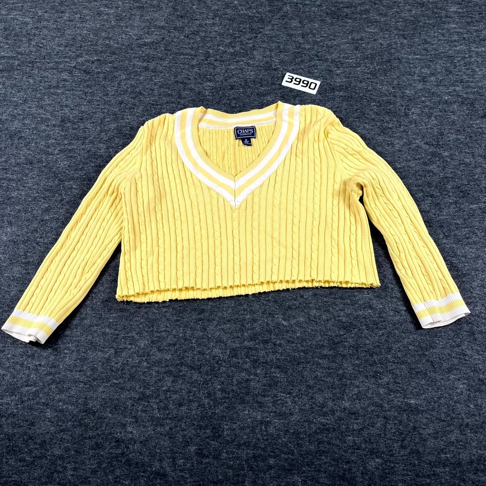 Chaps Classics Cropped Sweater Womens Medium Yellow V Neck‎ Cable Knit Winter
